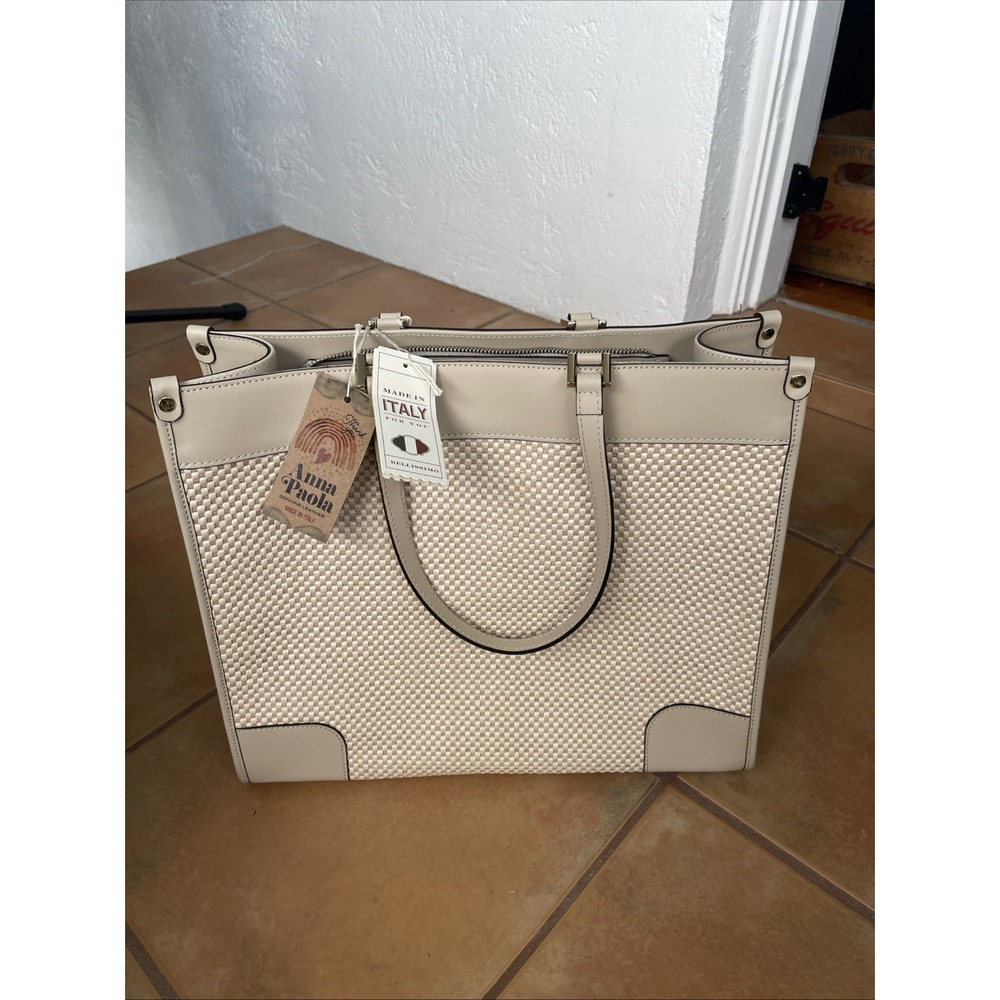 Anna Paola Genuine Leather With  Straw Panels Large Tote. Handmade In Italy.